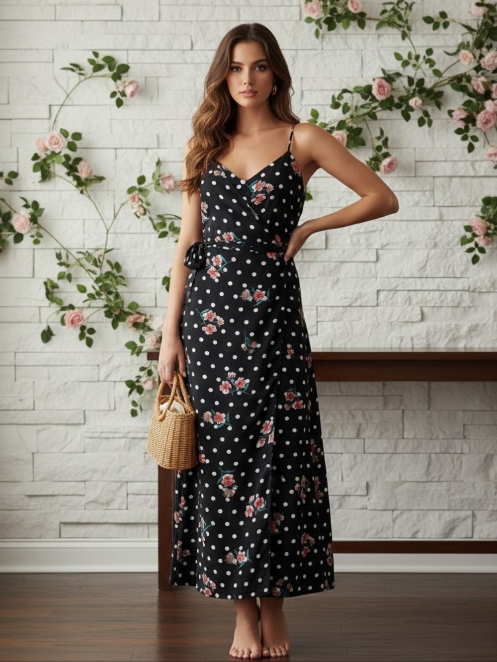 NWT Philosophy Black & Red Floral Polka Dot Wrap Maxi Dress - Size 4
